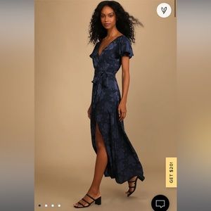 Lulu’s Compelling Love Navy Blue Jacquard Short Sleeve Maxi Dress - NWT